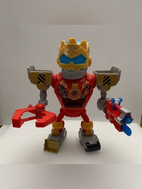 Red and Yellow Robot Action Figure Toy with Blue Accents